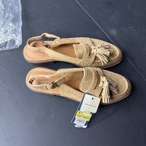 Suede Tassel Slingback Loafers - Tan